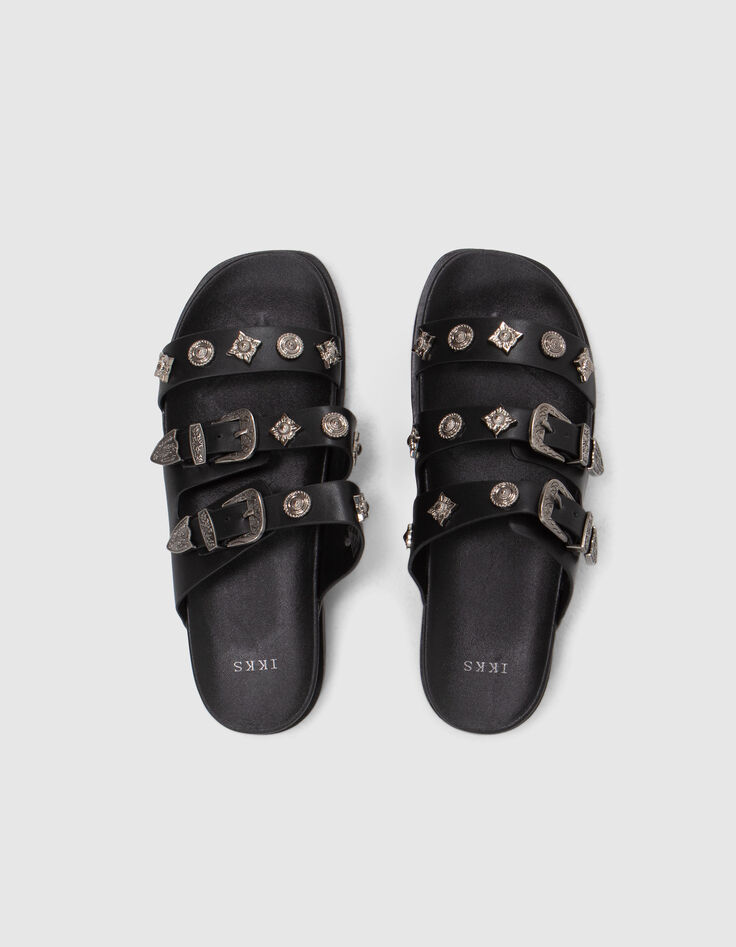 Mules noires triple bride western rock Femme-5