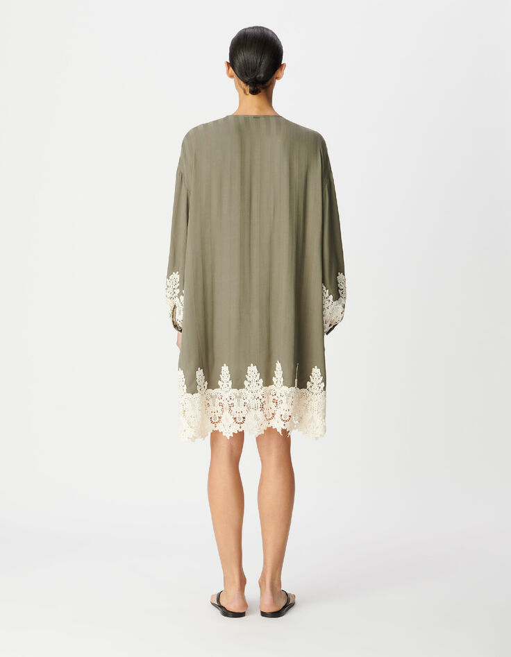 Robe ample kaki rayures bord&eacute;e dentelle Femme-3