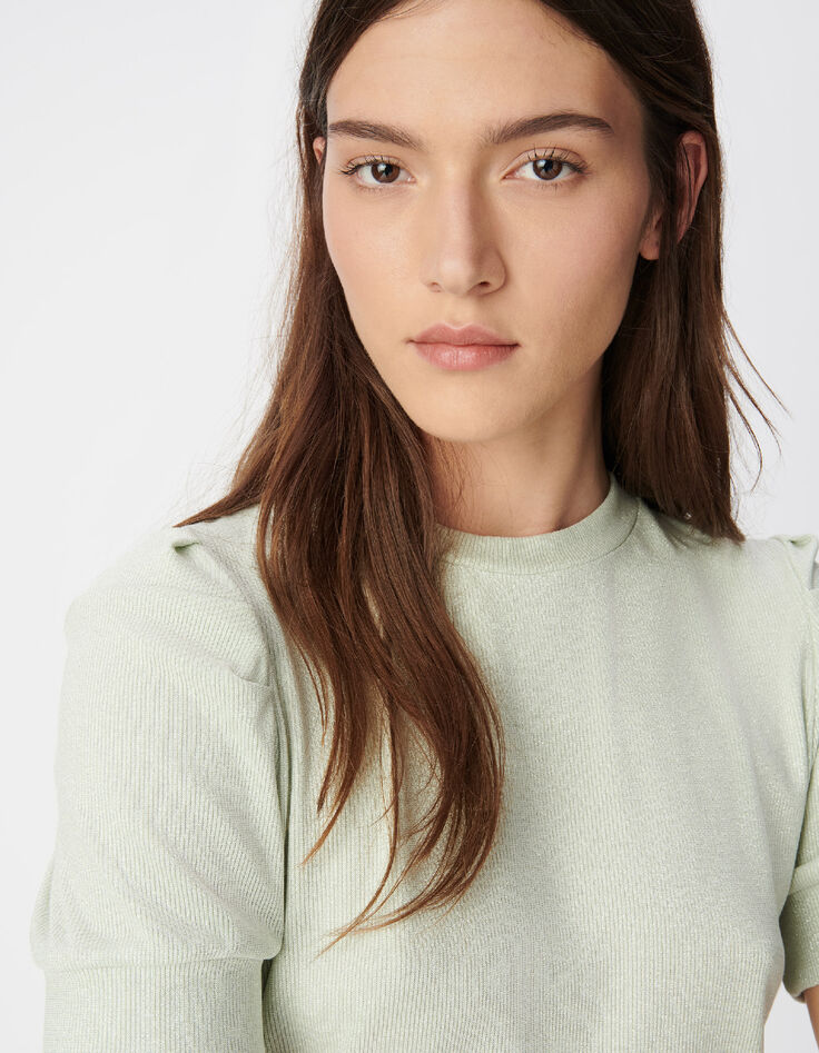 Women's green sequined round neck tee with gathered sleeves-5