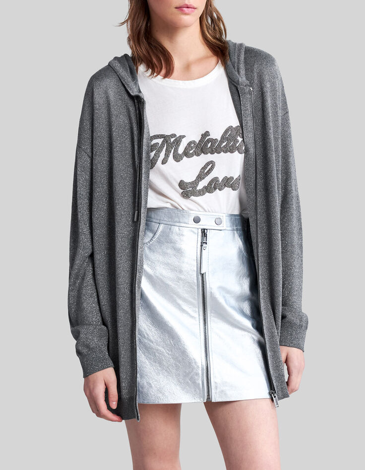 Mittellange Damen-Strickjacke silberfarbenes Lurex-1