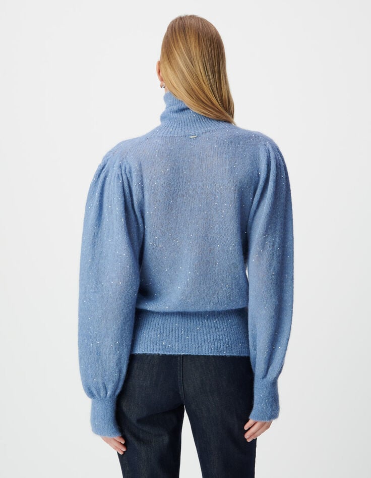 Damen-Rollpulli blau Strick Pailletten Ballon&auml;rmel-2