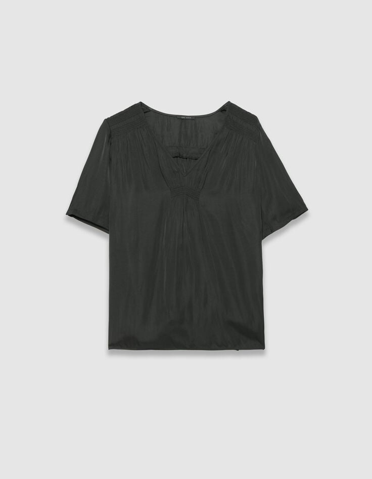 Schwarzes Damensatin-Top mit kurzen Ärmeln, Smocks-5 Schwarzes Damensatin-Top mit kurzen Ärmeln, Smocks-5