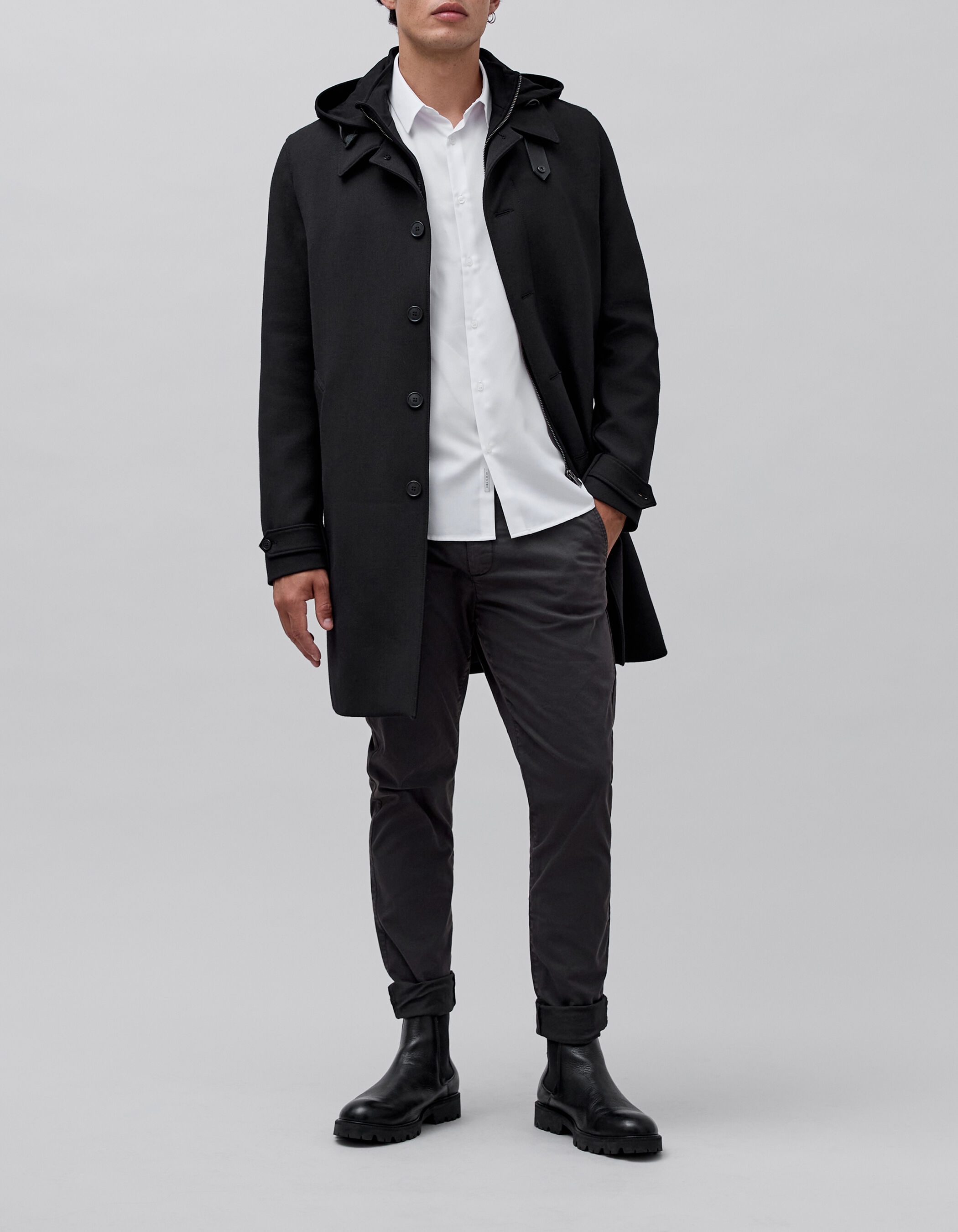 Men's black trench coat with detachable hood facing