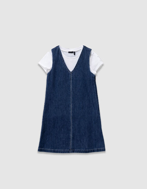 Vestido 2en1 tejido vaquero azul y camiseta blanca ni&ntilde;a - IKKS