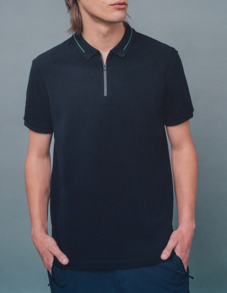 Polo noir DRY FAST maille piquée rayure verte Homme-2