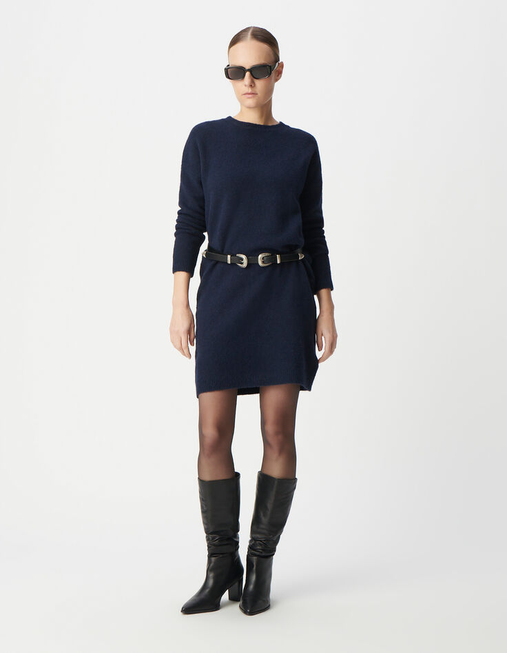 Marineblaues Damen-Rundhalsausschnitt-Kleid mit langen &Auml;rmeln-1