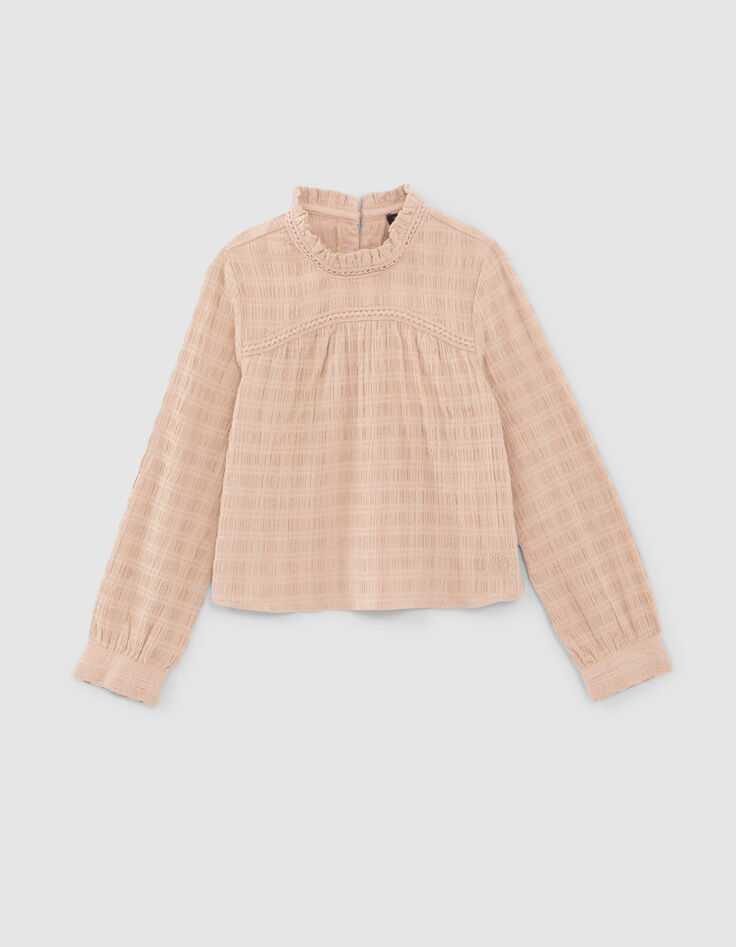 Rosa Mädchenwaffelbluse mit Tüllkragen-1