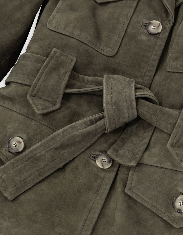 Veste saharienne kaki en cuir velours ceintur&eacute;e Femme-3
