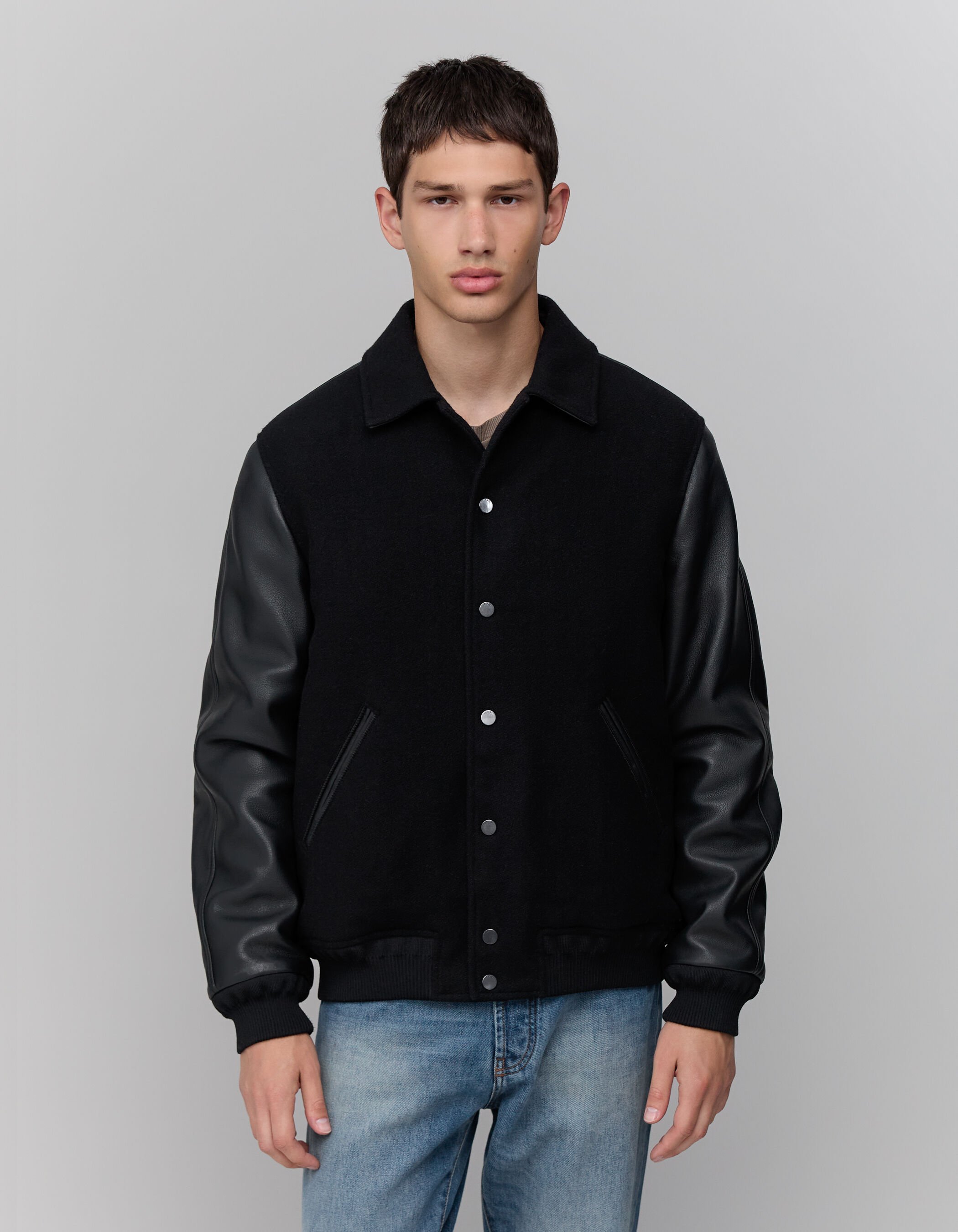 Men's black mixed chrome-free leather varsity jacket