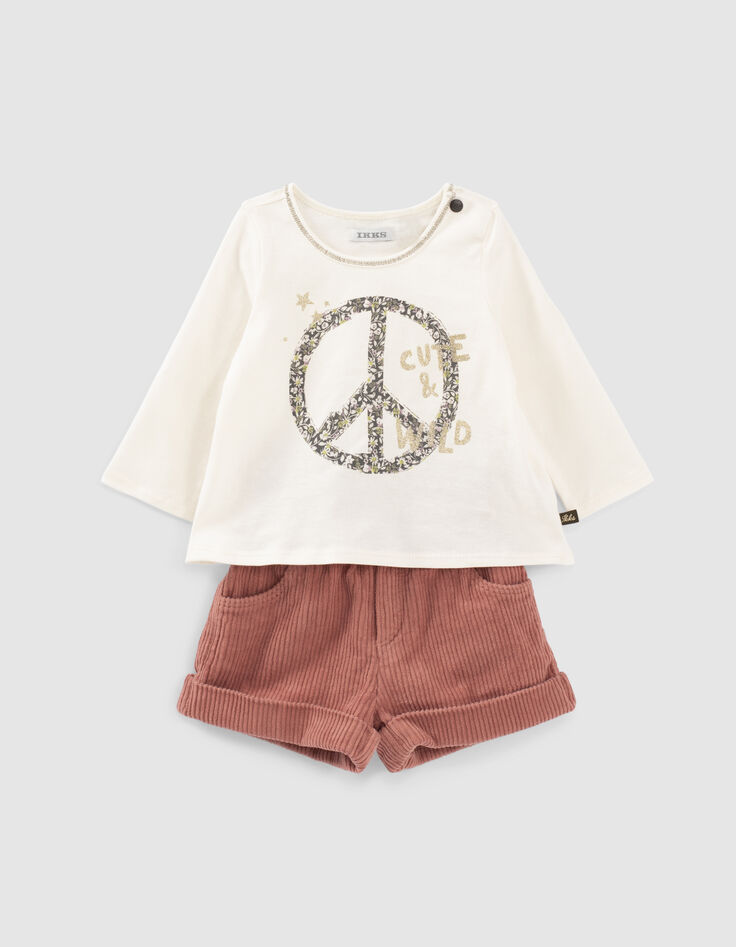 Baby girls’ ecru T-shirt and rosewood shorts outfit-2