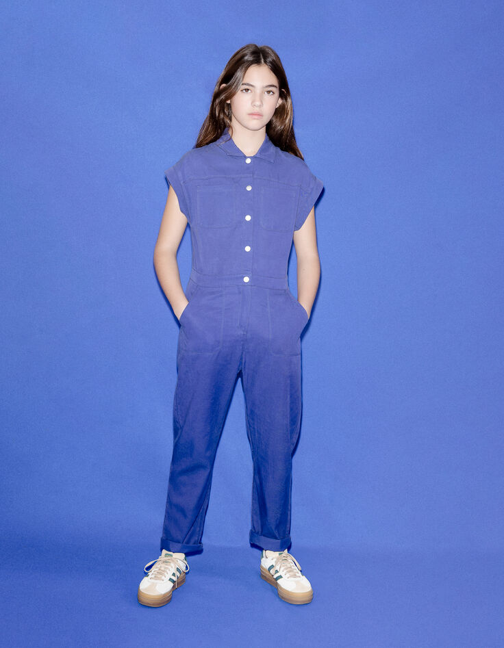 Langer blauer Mädchen-Overall, Druckknöpfe-3