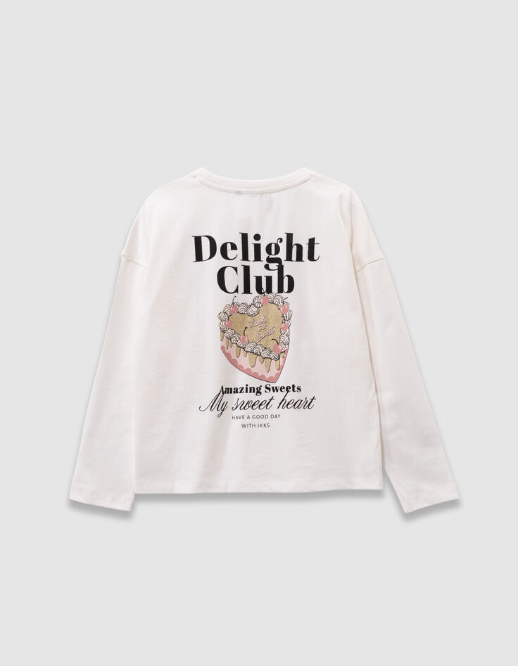 Girls’ ecru organic cotton T-shirt with cake image-4