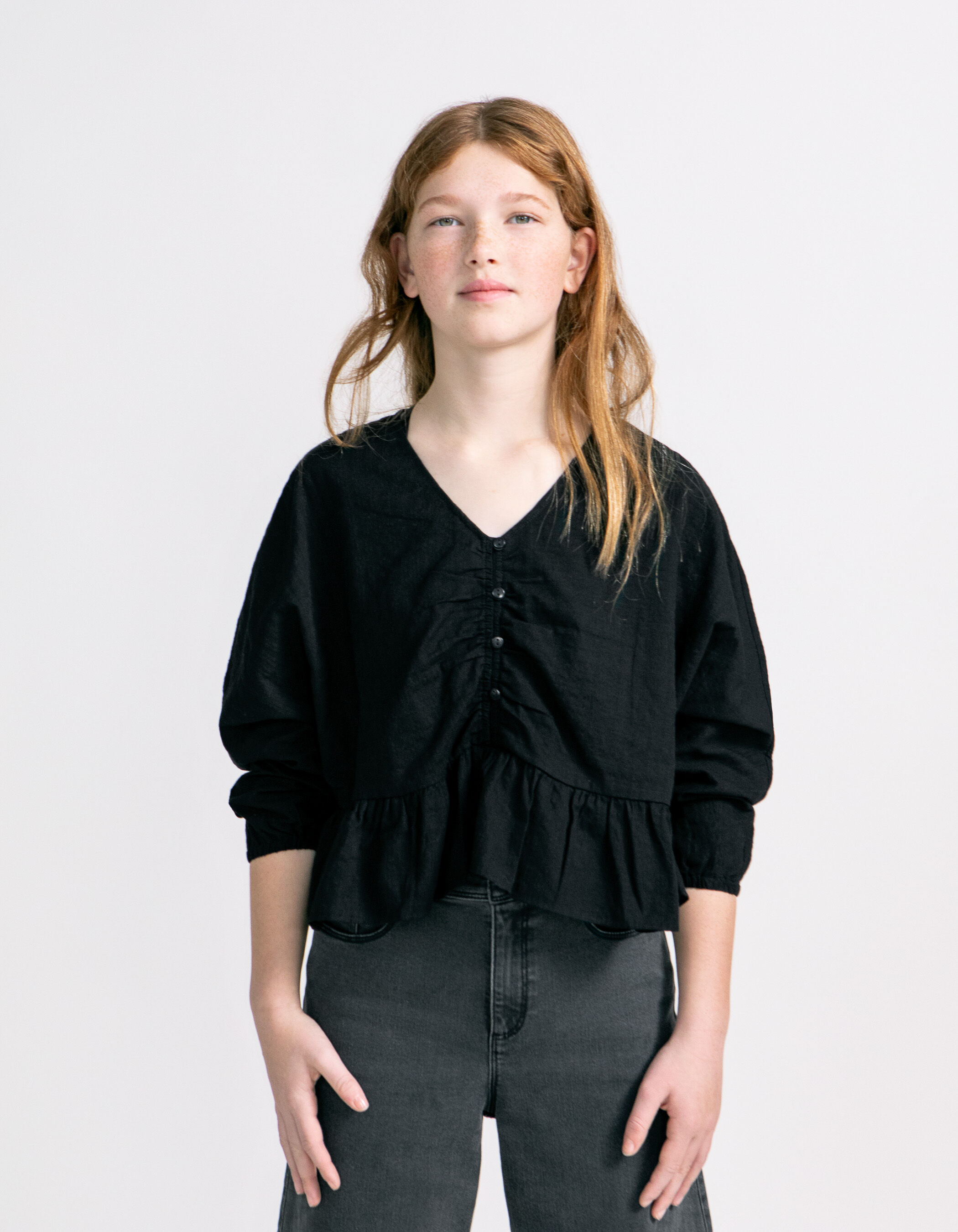 Blouse large noire boutonnee a basque fille IKKS