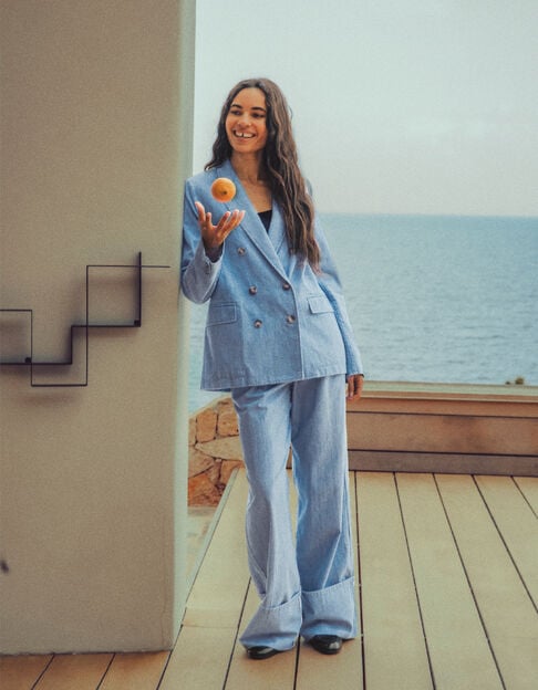 Women's blue organic cotton trouser suit with wide lapels - IKKS