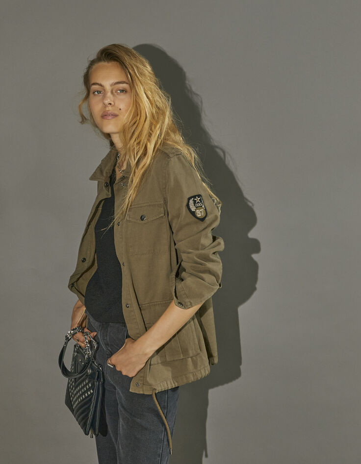 Blouson long kaki esprit saharienne motif au dos femme-2