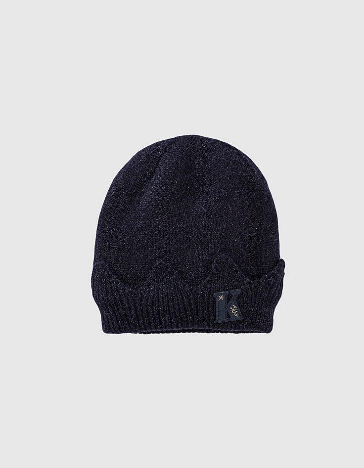 Bonnet navy foncé tricot à revers esprit couronne fille-1 Bonnet navy foncé tricot à revers esprit couronne fille-1