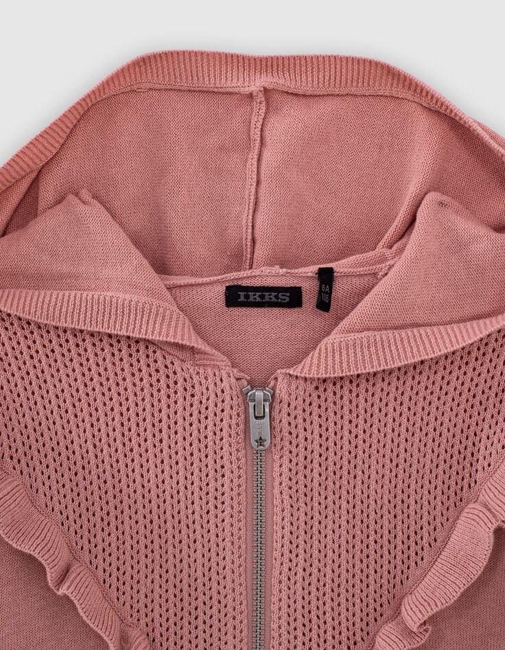Girls’ dusty pink openwork knit and ruffle cardigan-2 Girls’ dusty pink openwork knit and ruffle cardigan-2