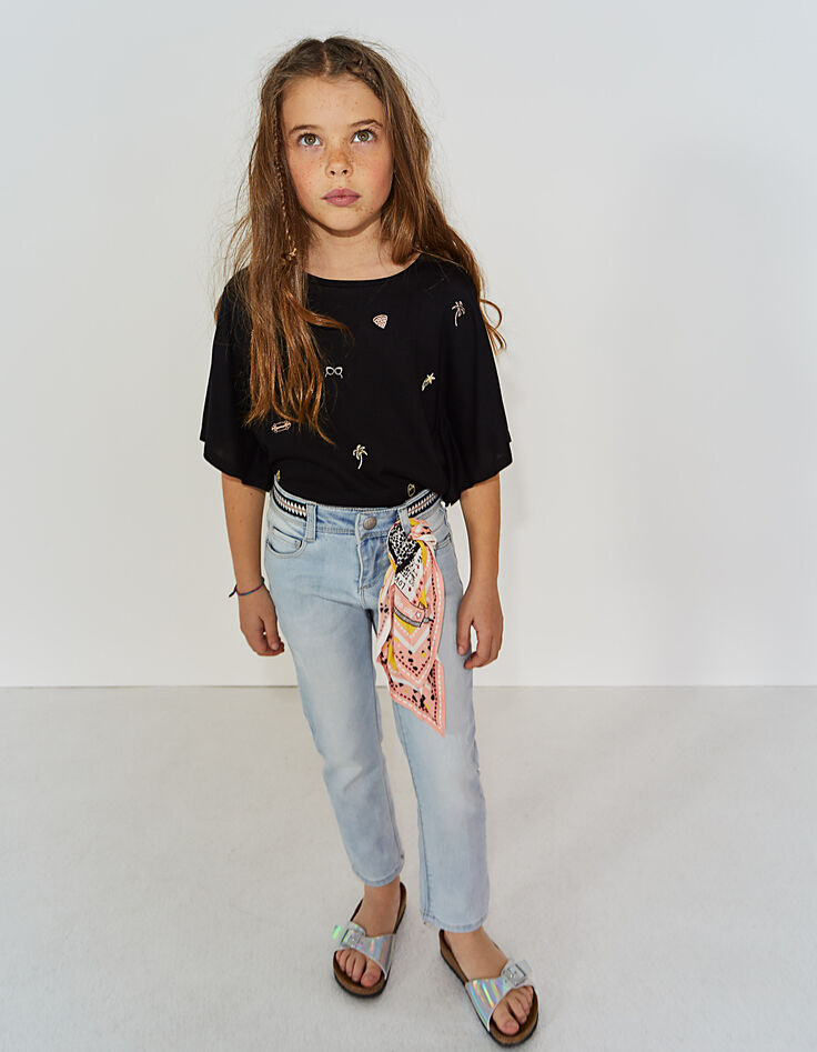 Girls’ white blue slim 7/8 jeans, braided belt -1