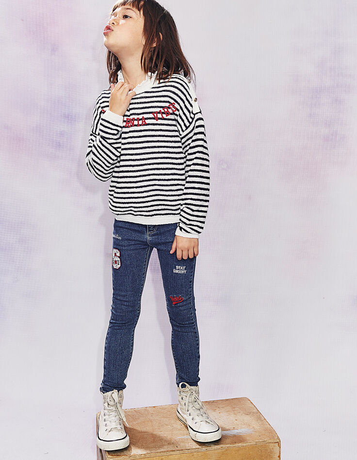 Girls' stone blue skinny jeans+patches+embroidery-1