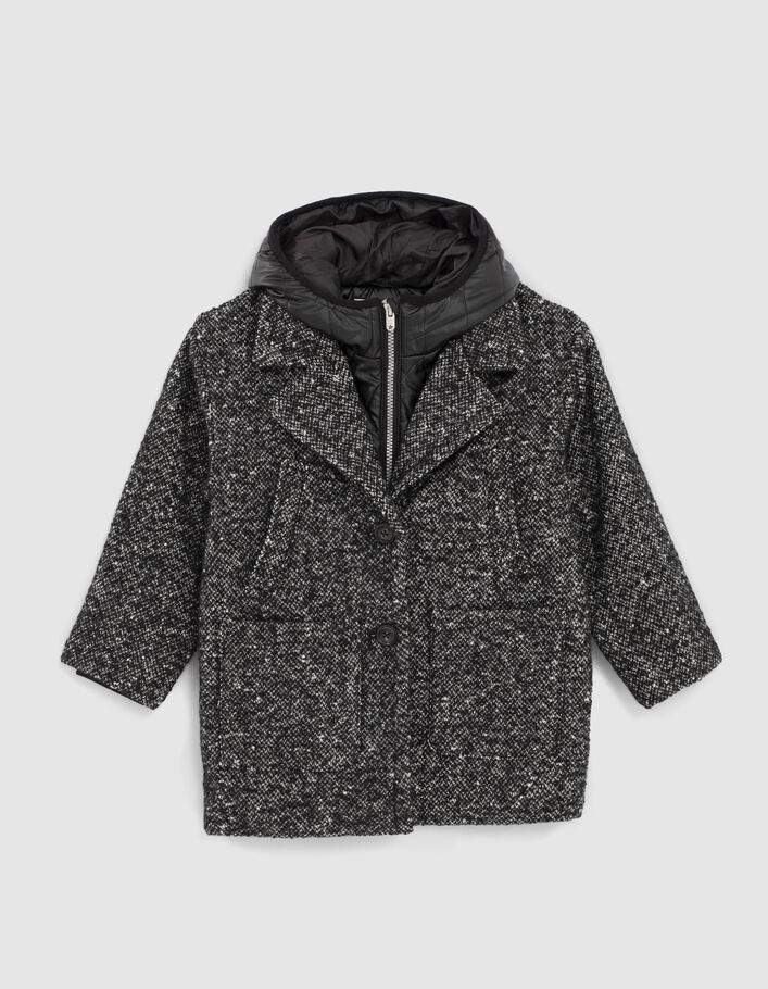 Abrigo negro tweed con pieza plumas niña-3