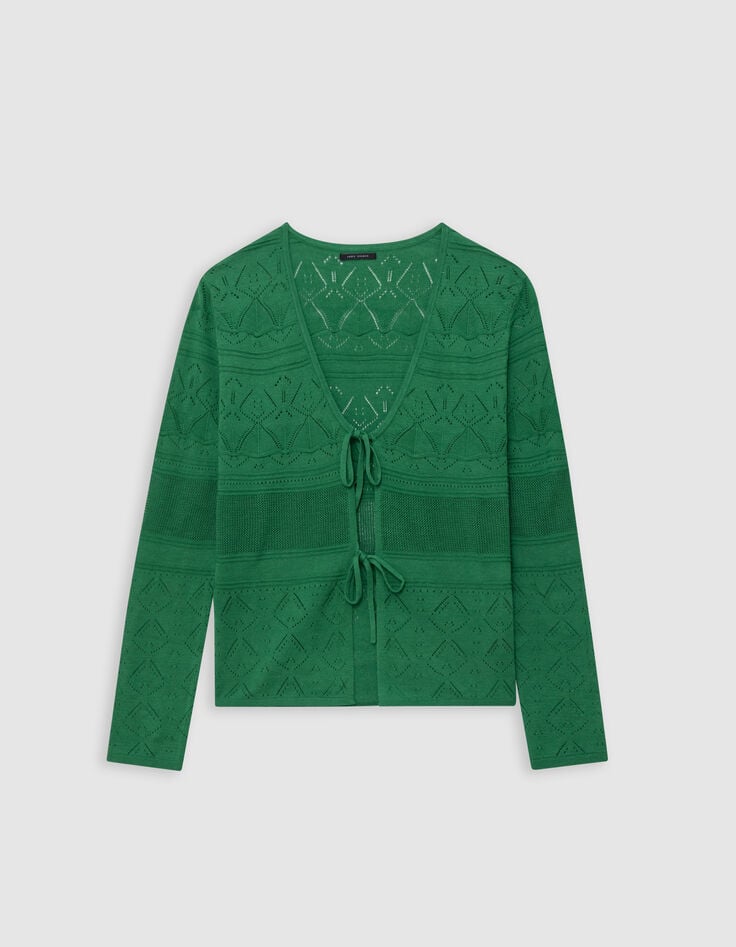 Cardigan vert tricot ajouré à nouer-1 Cardigan vert tricot ajouré à nouer-1