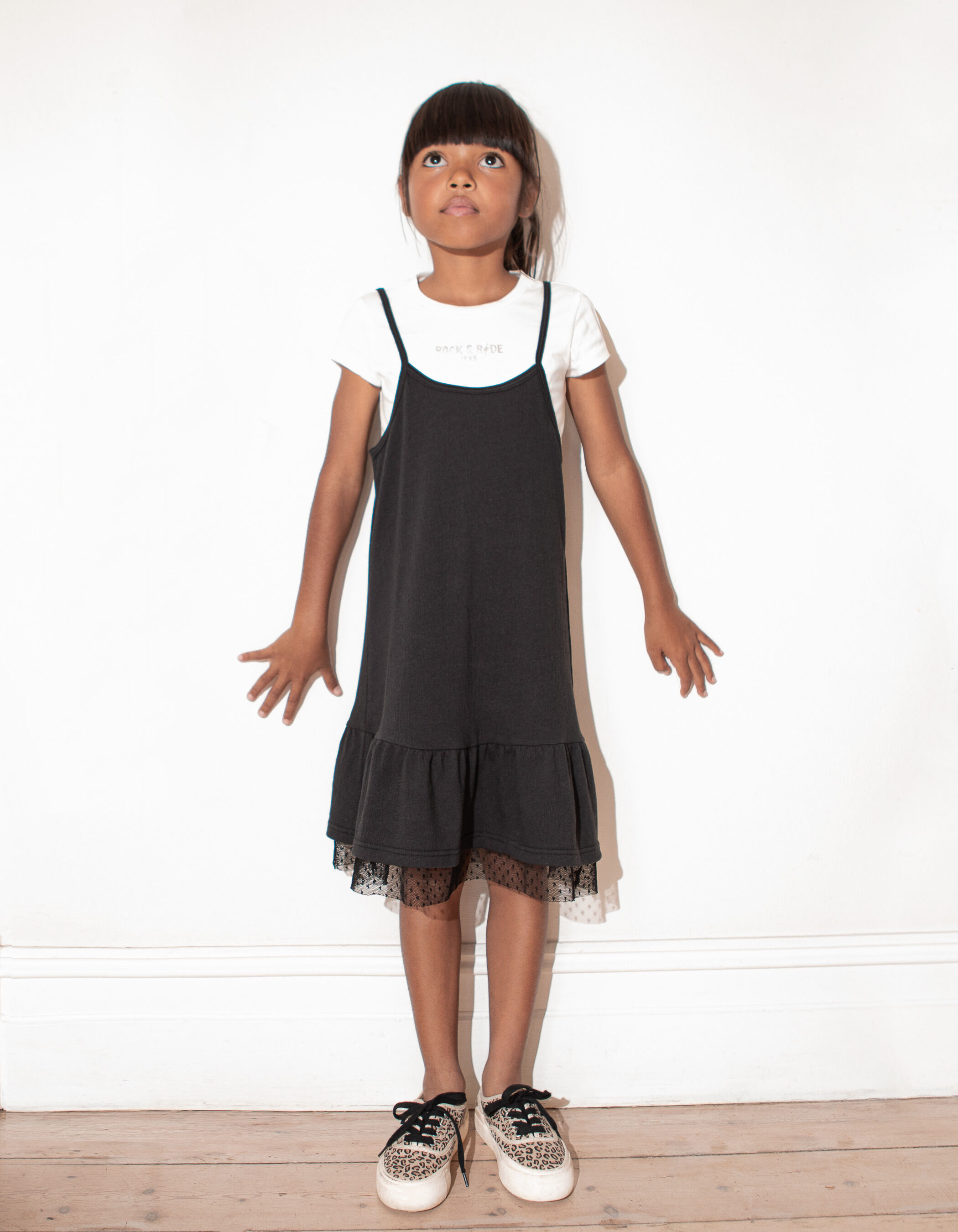 Girls black 2 in 1 dress with white T shirt