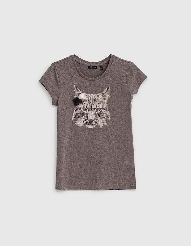 T-shirt gris de lin visuel lynx et fleurs 3D fille-1