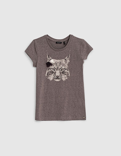 Grijs linnen T-shirt opdruk lynx en 3D-bloemen meisjes - IKKS