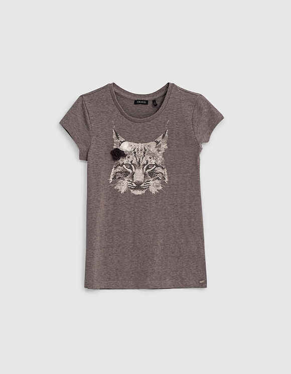 Grijs linnen T-shirt opdruk lynx en 3D-bloemen meisjes