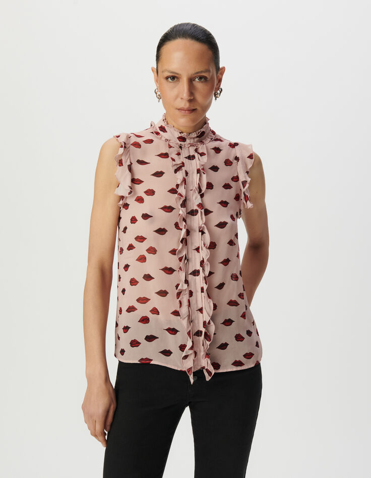 Top sans manches voile rose imprimé multico bouches Femme-2 Top sans manches voile rose imprimé multico bouches Femme-2