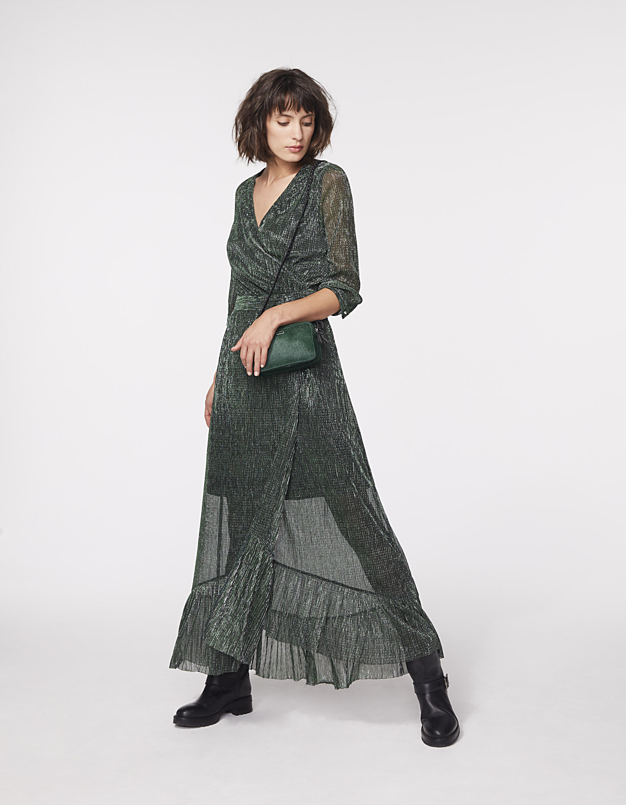 Decorative metallic fabric fitted long dress