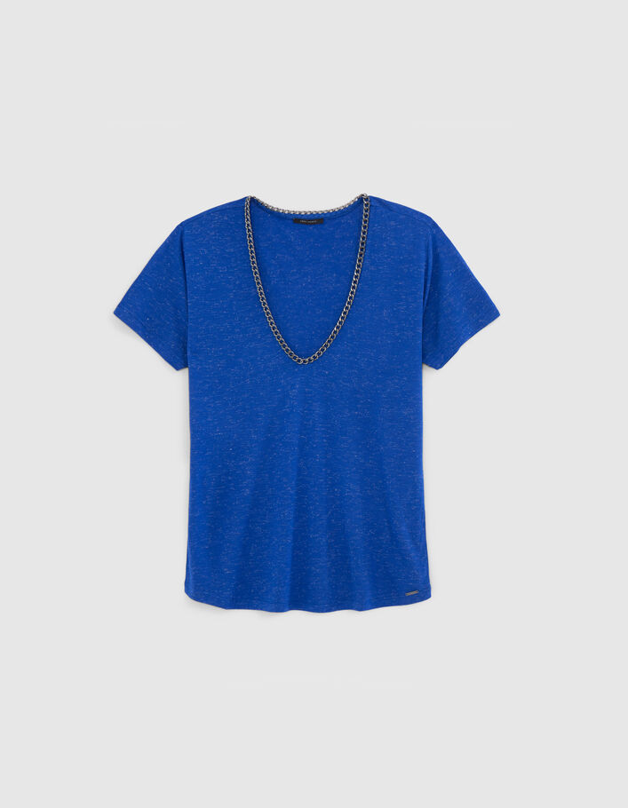 Women’s cobalt lurex T-shirt with chains on neck - IKKS