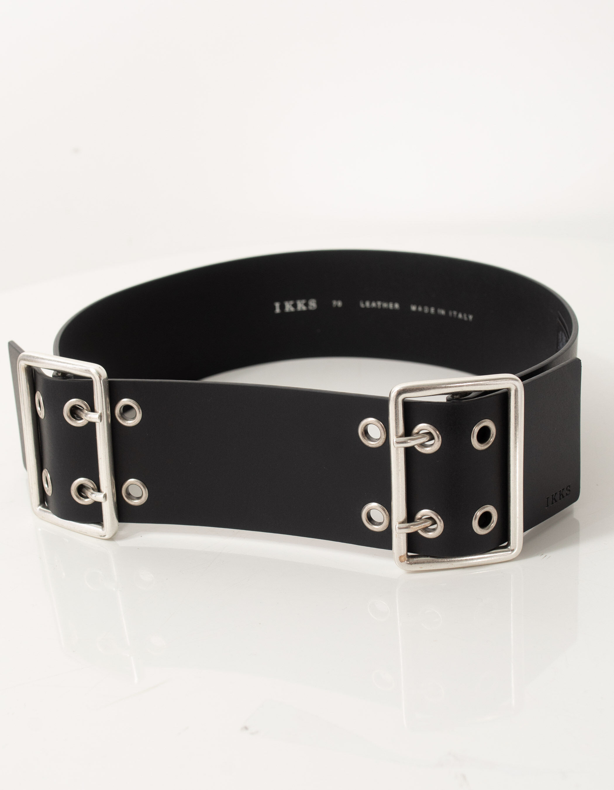 Ceinture noire cuir large double boucle illets Femme