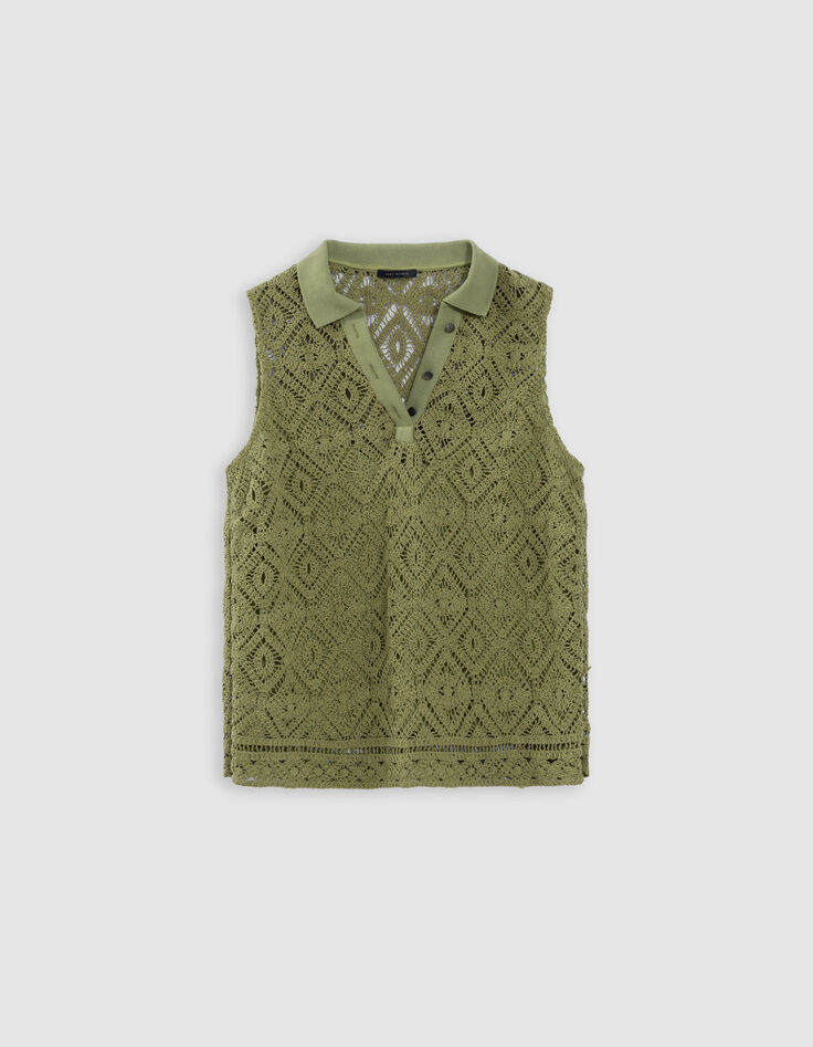 Dames-top in groen biologisch katoen met gehaakte polokraag-5