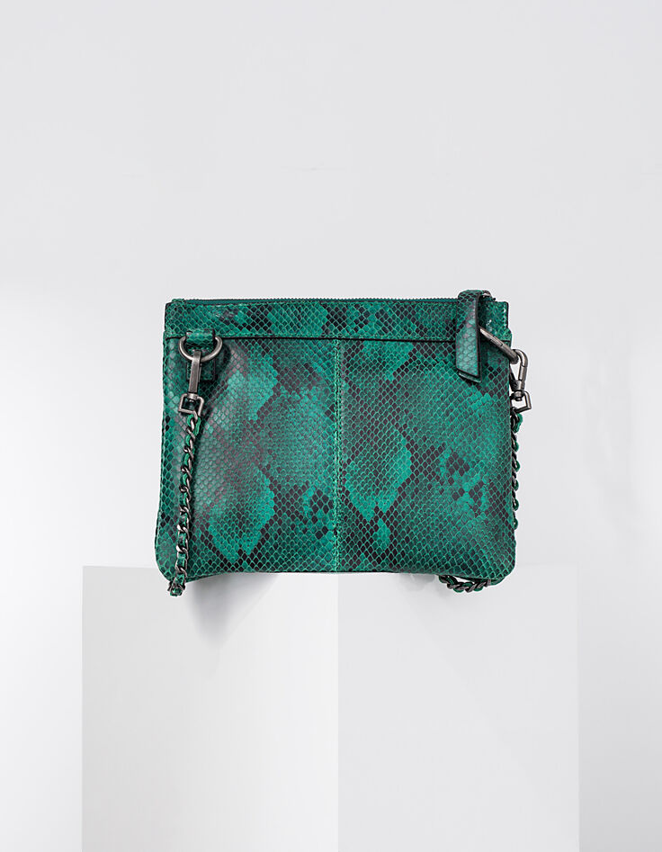 Sac double pochette Reporter cuir vert effet serpent femme-1