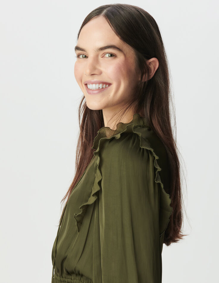 Vestido caqui satinado arrugado volantes plisados mujer-5