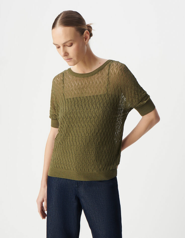 Pull kaki tricot lurex ajouré encolure V dos Femme-2