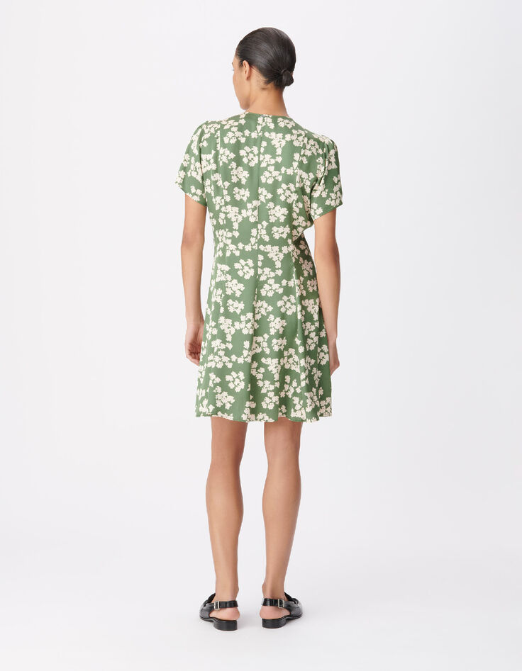 Robe courte vert satin&eacute; imprim&eacute; feuilles Femme-3