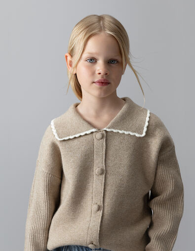 Girls’ beige knit cardigan with ribbed sleeves - IKKS