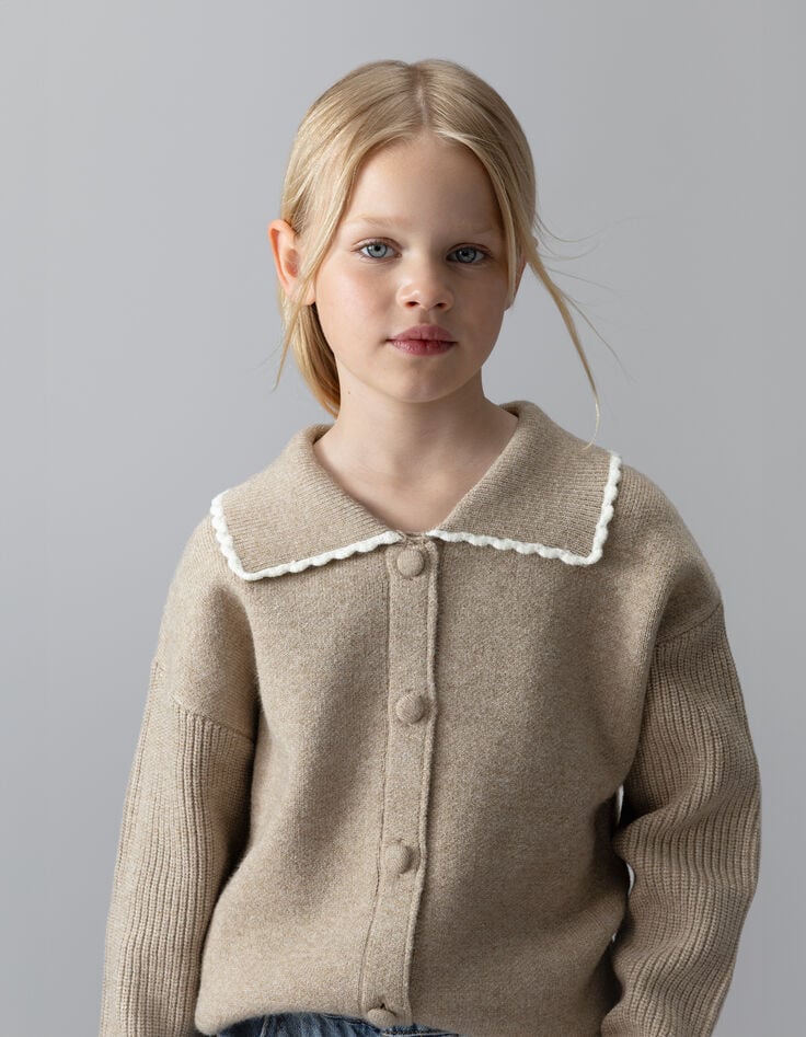 Cardigan beige tricot manches côtelées fille-3