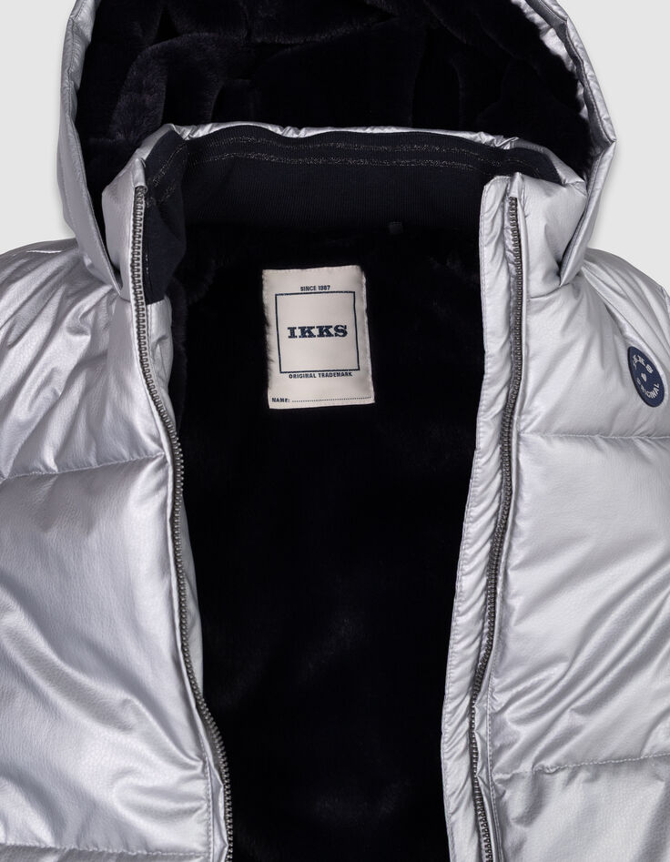 Girls’ silver padded jacket with navy fur-lined hood-7