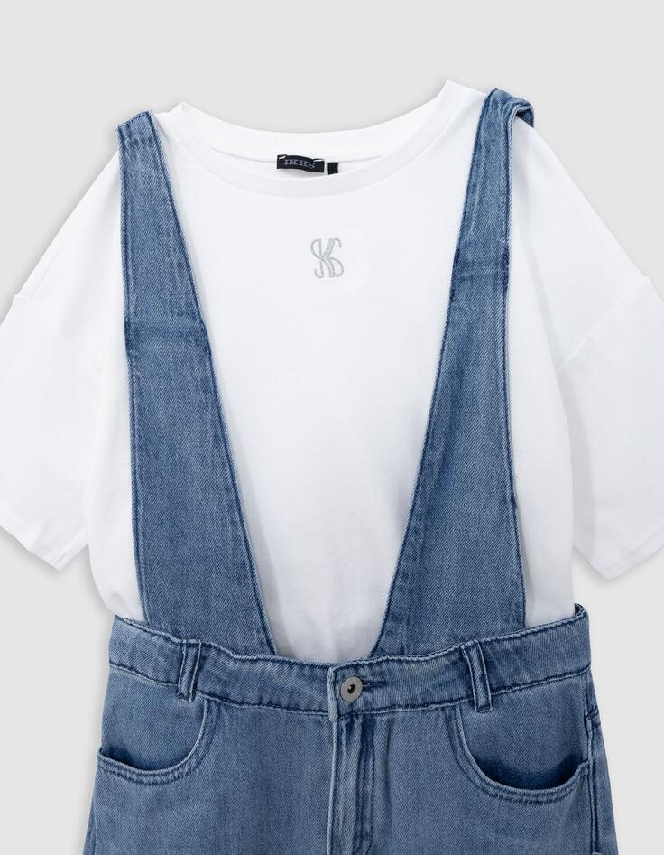 Ensemble salopette bleue et T-shirt blanc fille-4