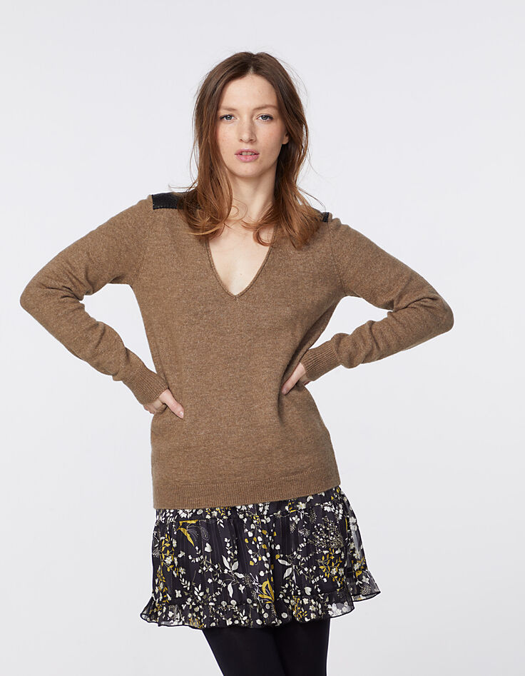 Jersey camel lana mullida facetas joya hombros mujer-2