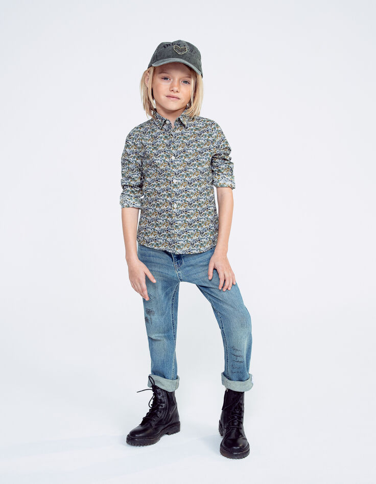Boys’ blue upcycled straight jeans, print front and back-2