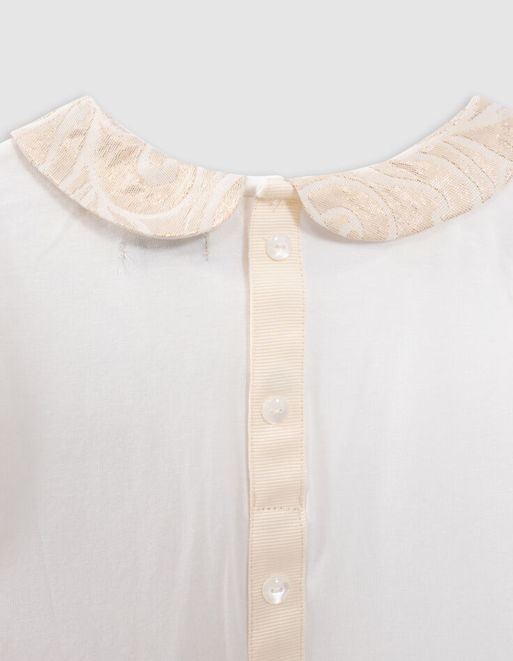 Ecru Mädchen-T-Shirt, Bubikragen, Jacquardknöpfen hinten-5