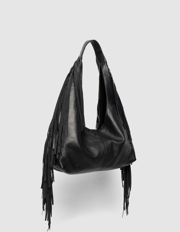 Schwarze Damenhobo-Tasche weiches Leder mit Fransen-2