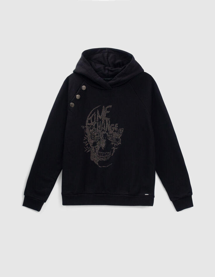 Sweat noir &agrave; capuche message et t&ecirc;te de mort brod&eacute;s Femme-5
