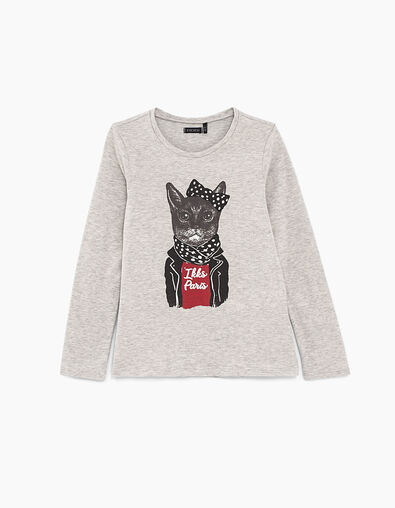 Tee-shirt gris chiné moyen visuel chat IKKS Paris fille - IKKS