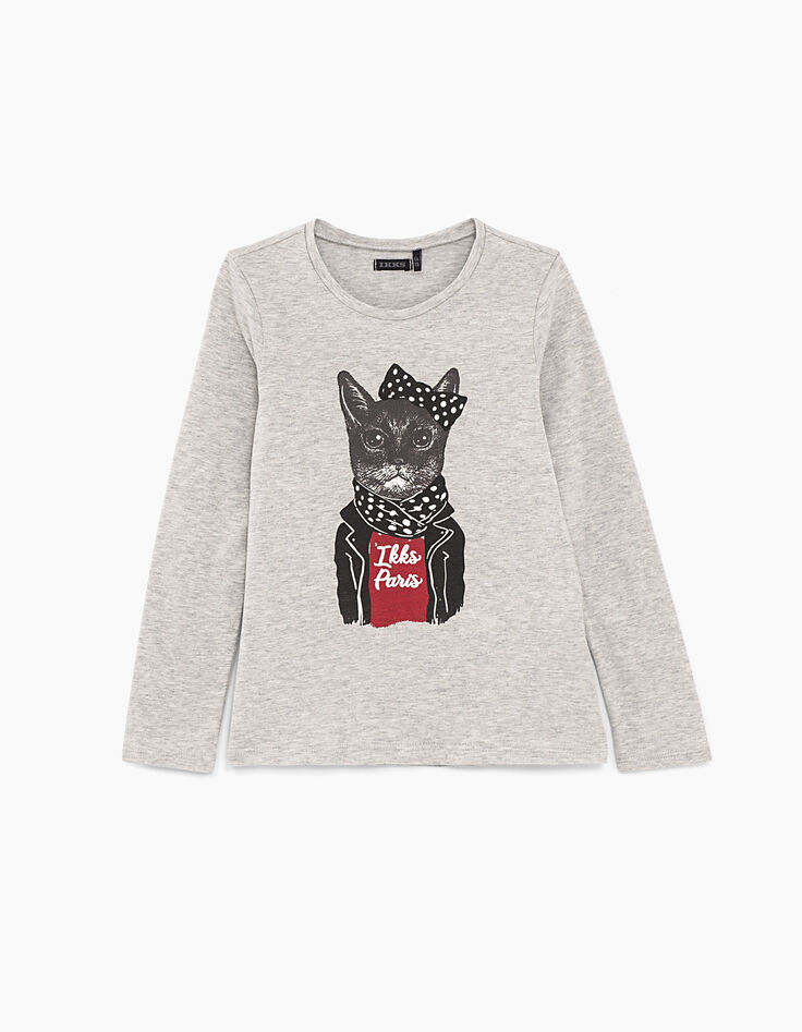 Tee-shirt gris chiné moyen visuel chat IKKS Paris fille-1