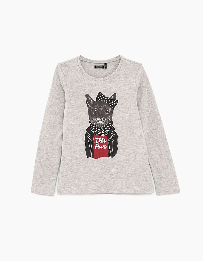 Girls’ medium grey marl IKKS Paris cat graphic T-shirt - IKKS